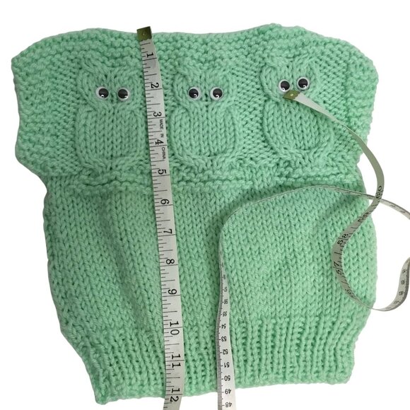 VTG 1950s Handmade Baby Sweater Mint Green Knit Owls Button Eyes Cotton 3-6M VBC - Picture 4 of 4